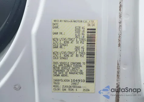 2014 Nissan Nv Cargo Nv2500 Hd S V6 from USA, damaged, VIN 1N6BF0LX0EN104950